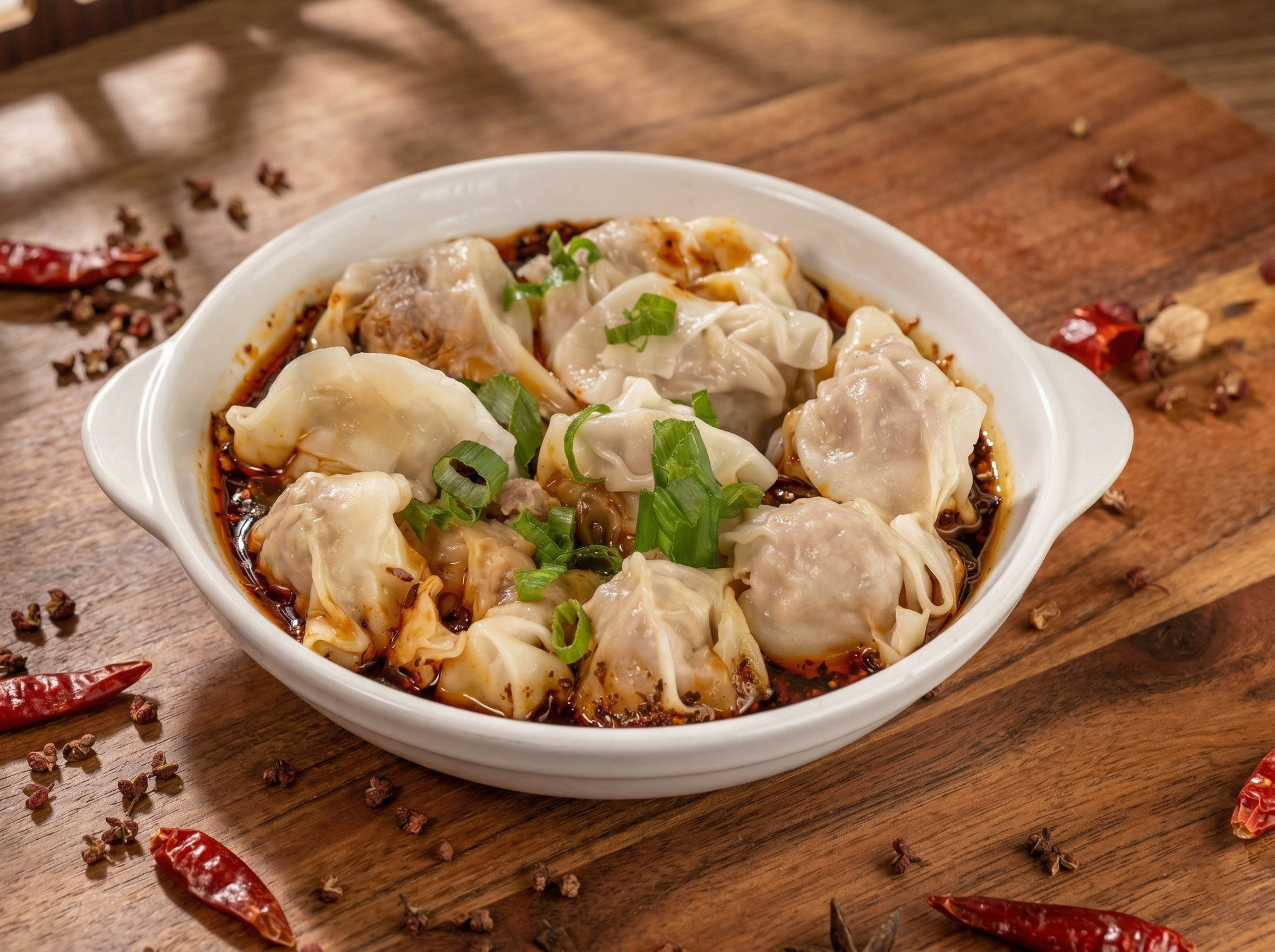 A white bowl of dumplings in spicy chili oil garnished with green onions, set on a wooden cutting board with chili pods.