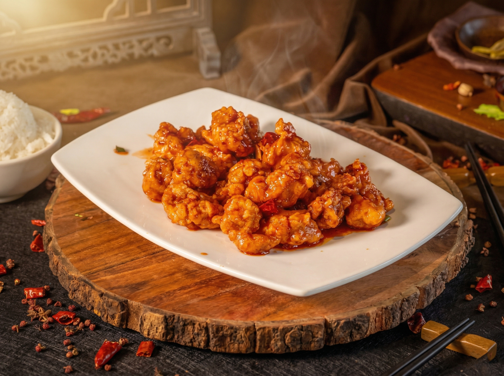 A plate of golden, crispy glazed chicken on a rustic wooden board, accompanied by chili peppers and a side of rice.