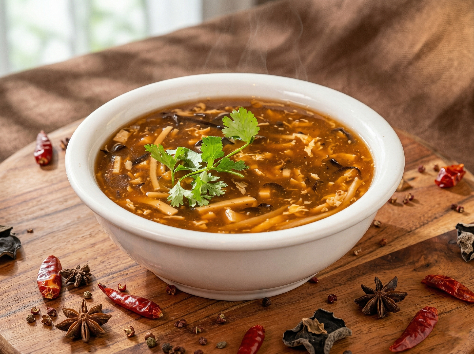 A steaming bowl of hot and sour soup garnished with cilantro, served on a rustic wooden board with scattered spices.
