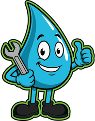 Blue water droplet mascot holding a wrench and giving a thumbs-up, smiling