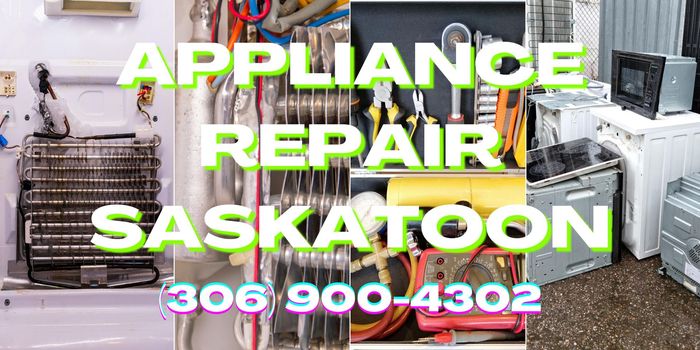 A collage of photos of appliance repair in saskatoon