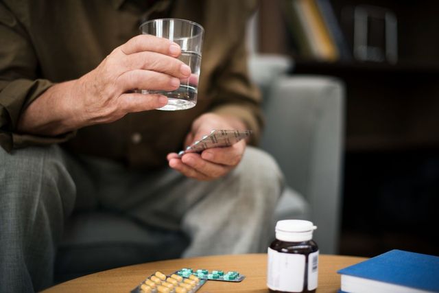 Man holding pills and a glass of water, sitting in a chair. Other pills and a pill bottle are on a nearby table.