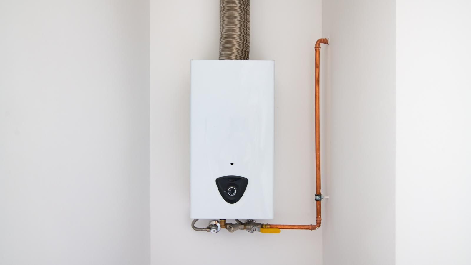 Wall-mounted tankless water heater.