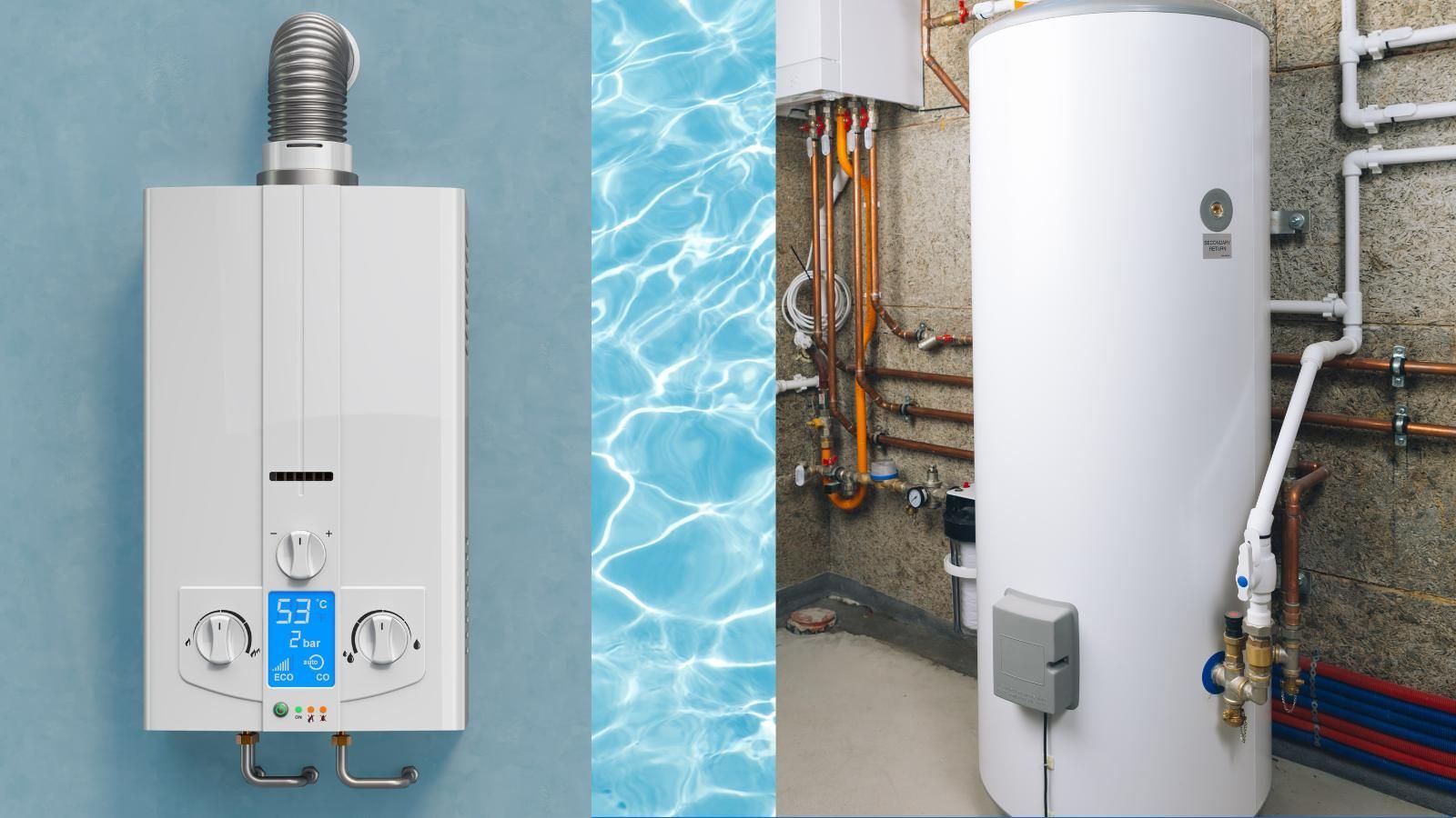 Tankless and traditional tank water heater side by side.