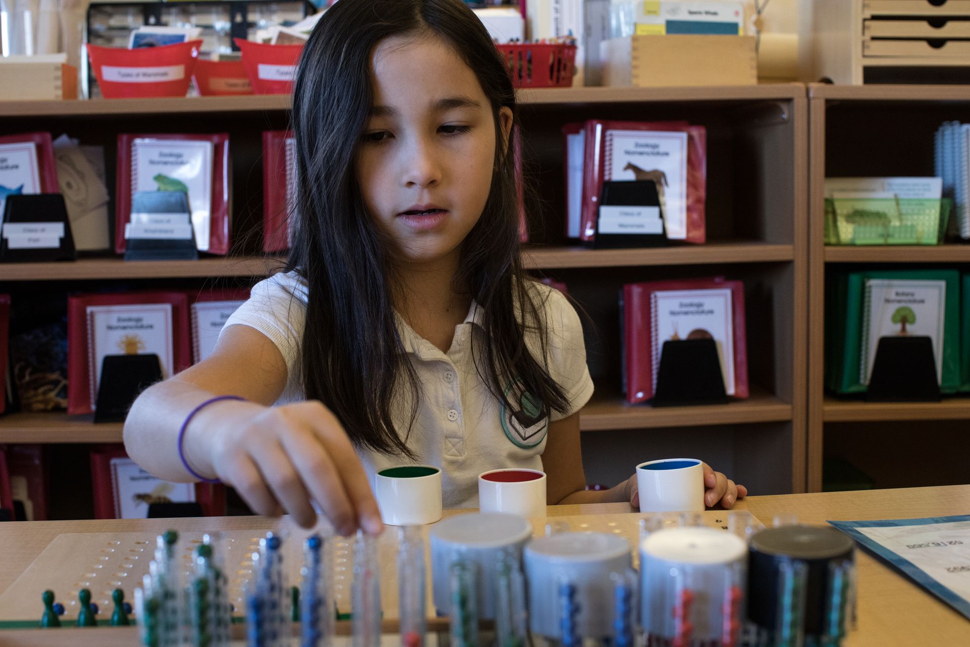 Girl selecting test tubes at a classroom table with shelves of books behind her
