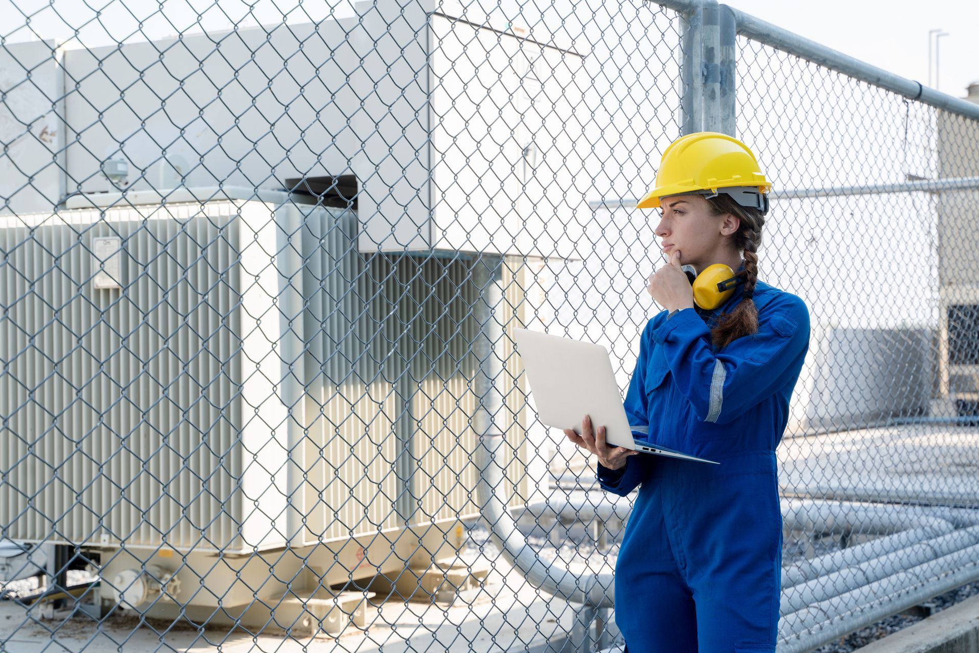 An engineer in blue coveralls and a yellow hard hat inspecting the air conditioning system.