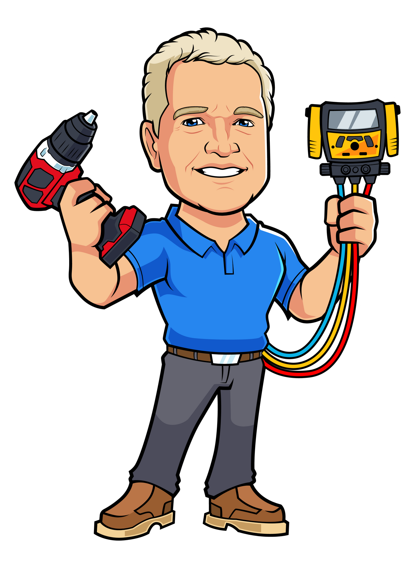 Cartoon of a man holding a drill and electronic device, wearing a blue shirt and grey pants.