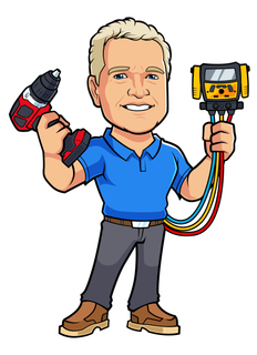 Cartoon of a man holding a drill and electronic device, wearing a blue shirt and grey pants.