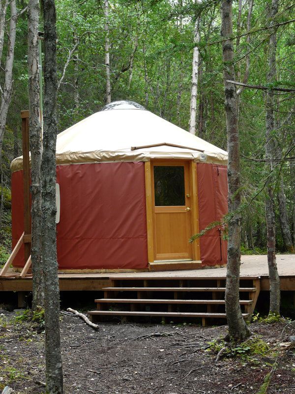 A red yurt in the middle of a forest