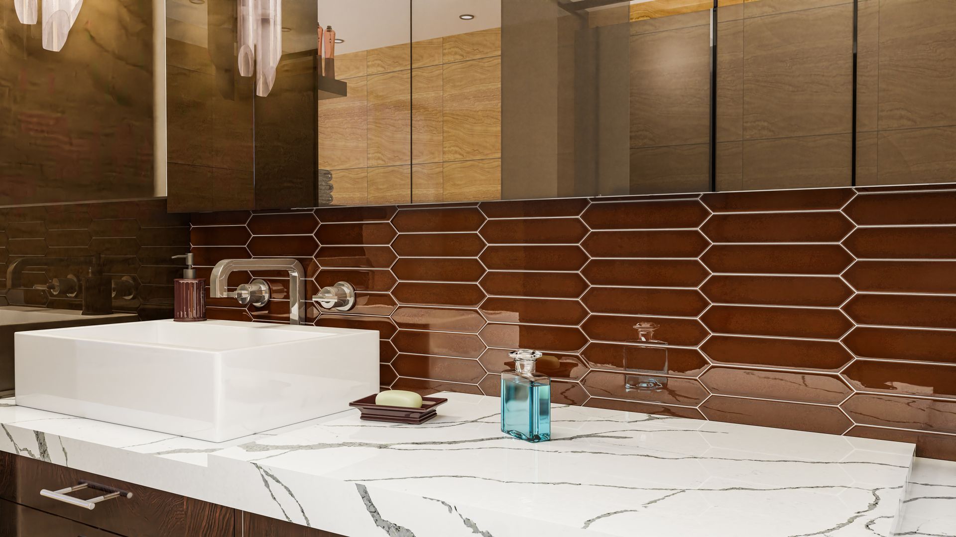 Modern bathroom with white countertop, brown tile backsplash, and rectangular sink. Modern bathroom with white countertop, brown tile backsplash, and rectangular sink.