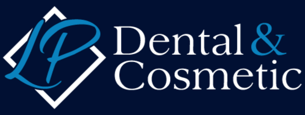 A logo for dental and cosmetic with a blue background