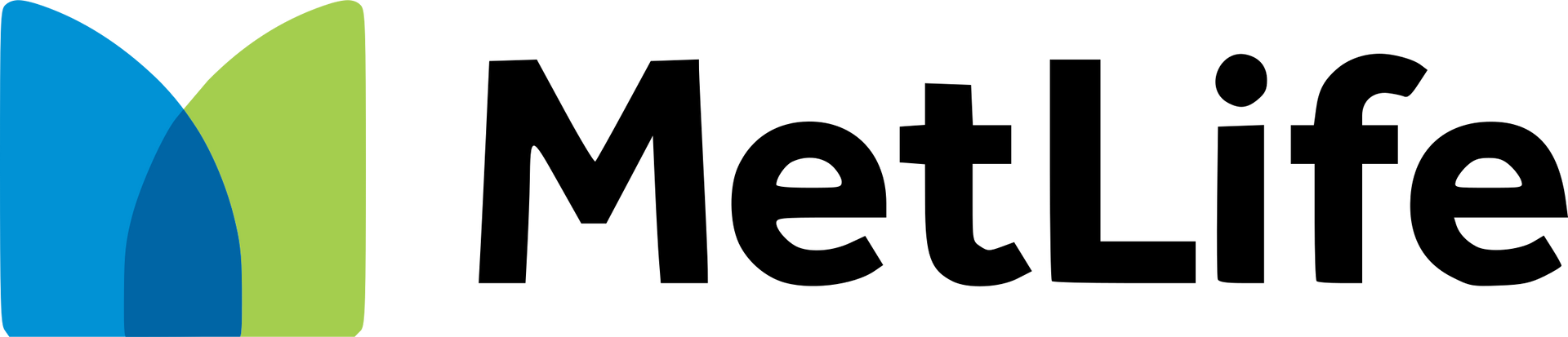 A metlife logo with a blue and green leaf on a white background.