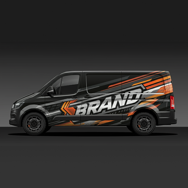 Black van with orange and white brand graphics on a black background.