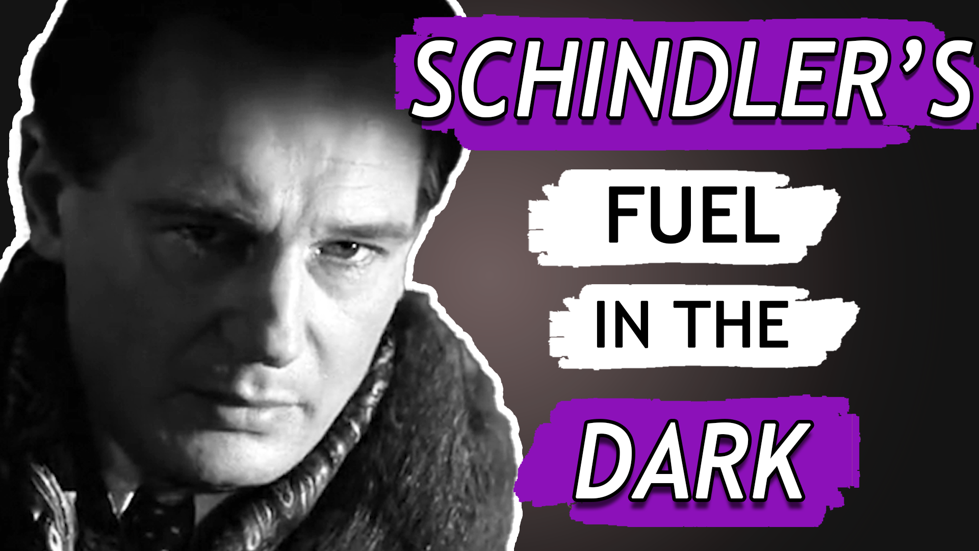 A black and white photo of a man with the words schindler 's fuel in the dark