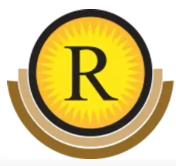 Gold circular logo with a black “R” centered inside a yellow sunburst and brown semicircle base
