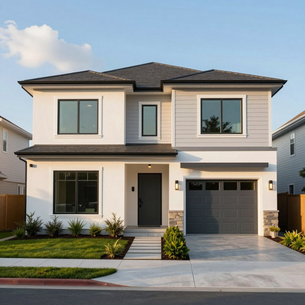Modern two-story white house with a dark roof, front lawn, driveway, and garage at sunset