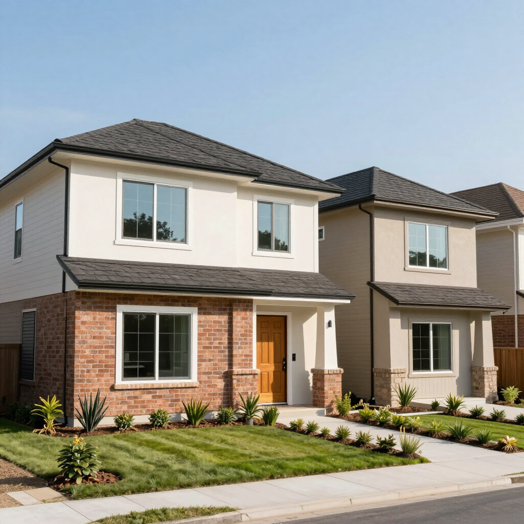 Two modern suburban houses with brick and beige exteriors, small lawns, and a sidewalk under a clear sky