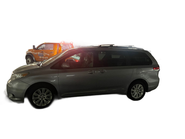 Gray minivan parked in front of an orange car on a white background