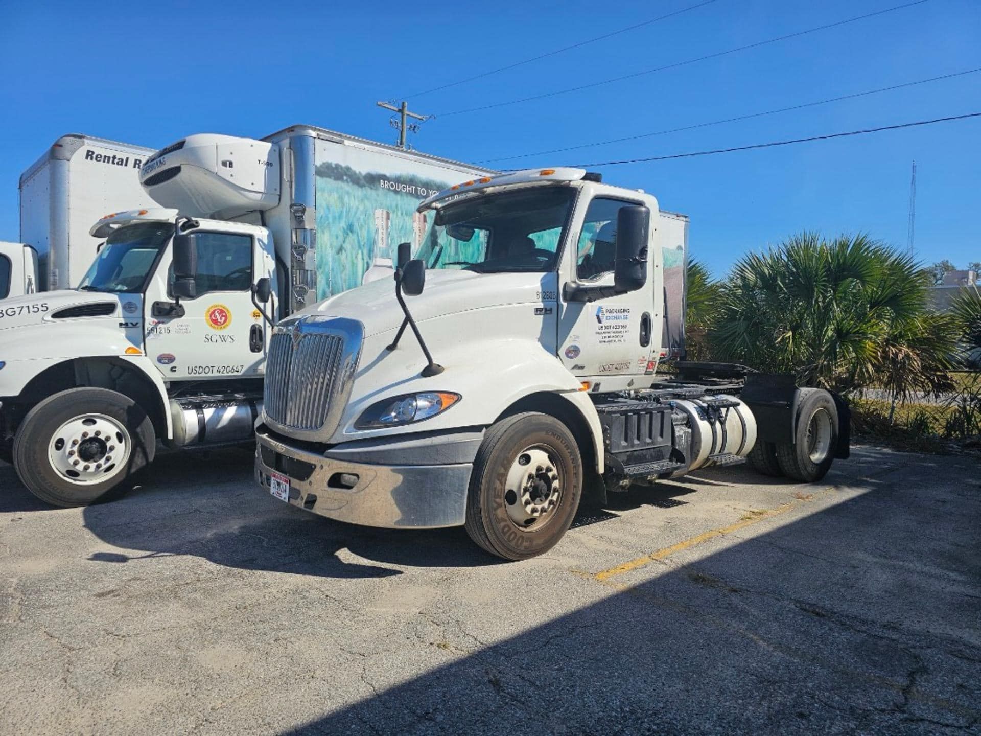 Two white truck tractors parked in a lot under a blue sky