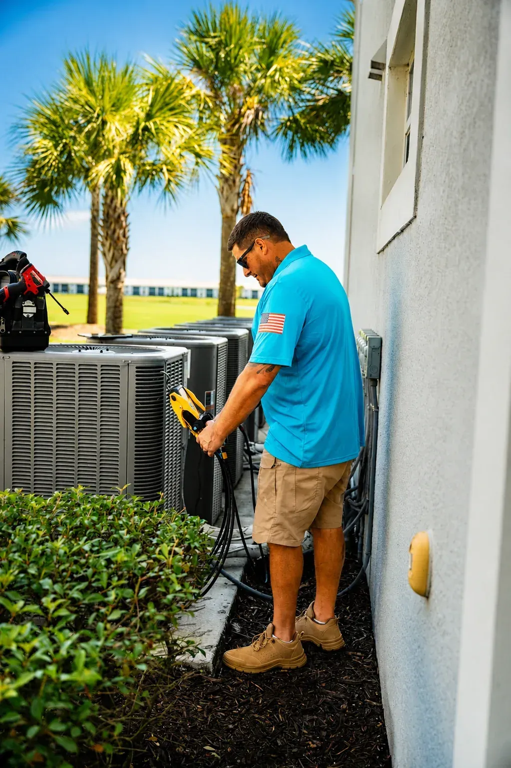 Bryan diagnosing a Florida residential AC system with manifold gauges during a repair service call.