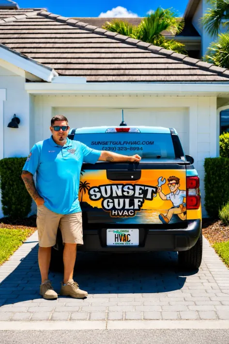 Bryan from Sunset Gulf HVAC standing at the back of his service truck after a job in Southwest Florida.