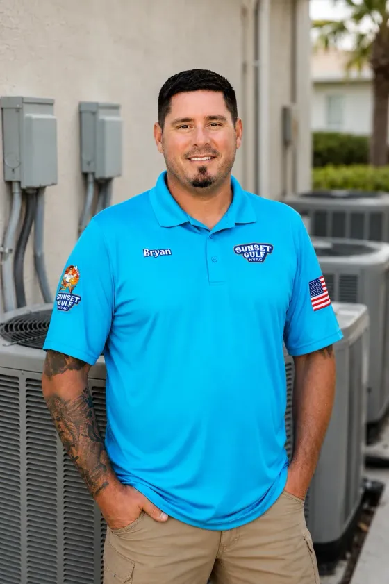 Bryan Hill, owner of Sunset Gulf HVAC, in front of a residential air conditioning unit in Southwest Florida.