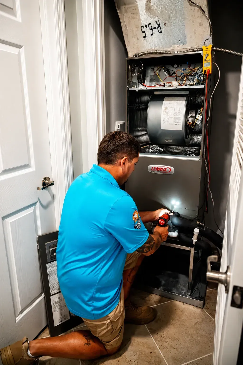 Bryan installing a new indoor air handler in a Southwest Florida home as part of a system replacement.