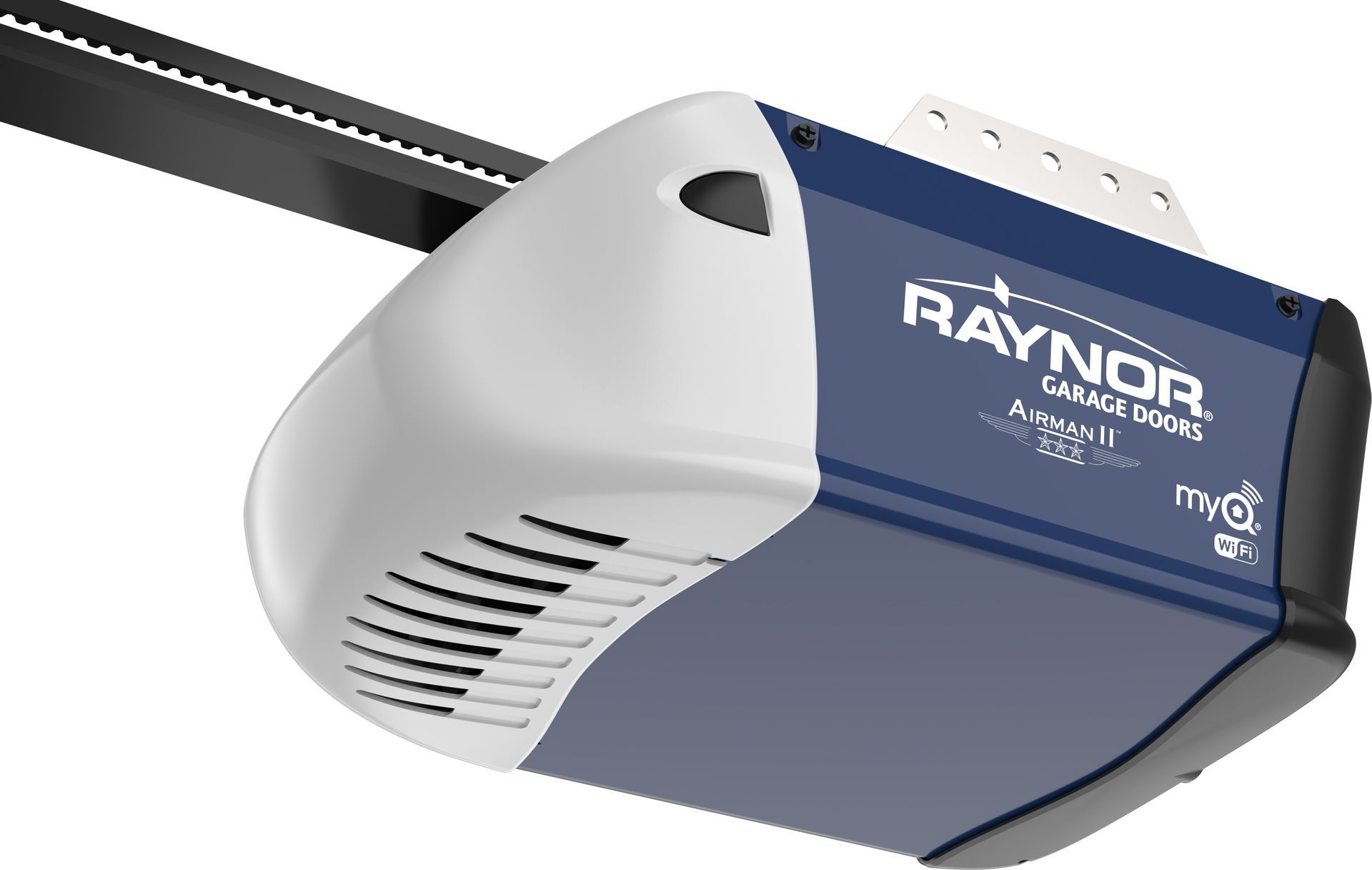 A blue and white raynor pilot ii garage door opener on a white background.
