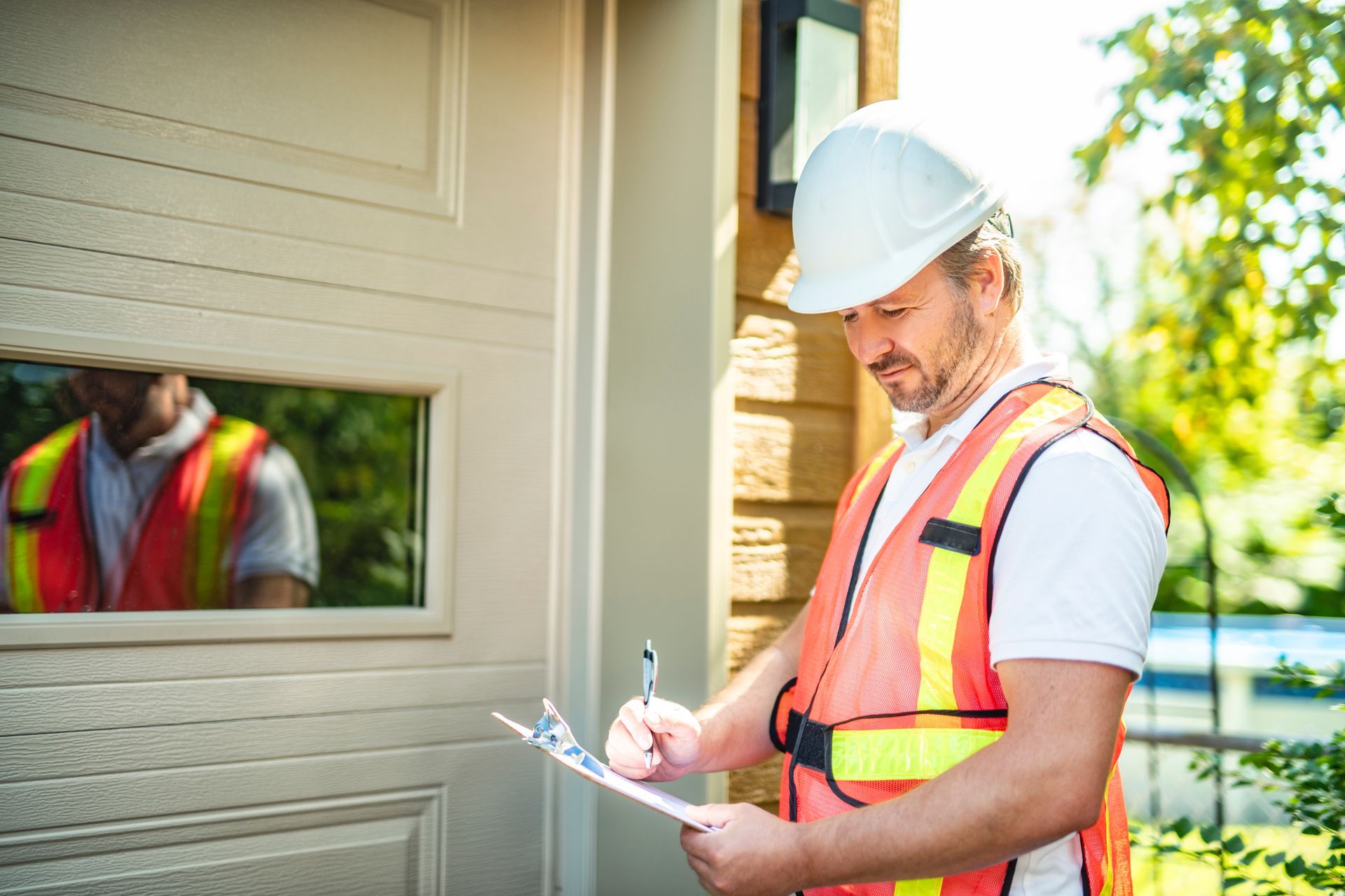 Commercial garage door contractor company technician inspecting a garage door at a property.