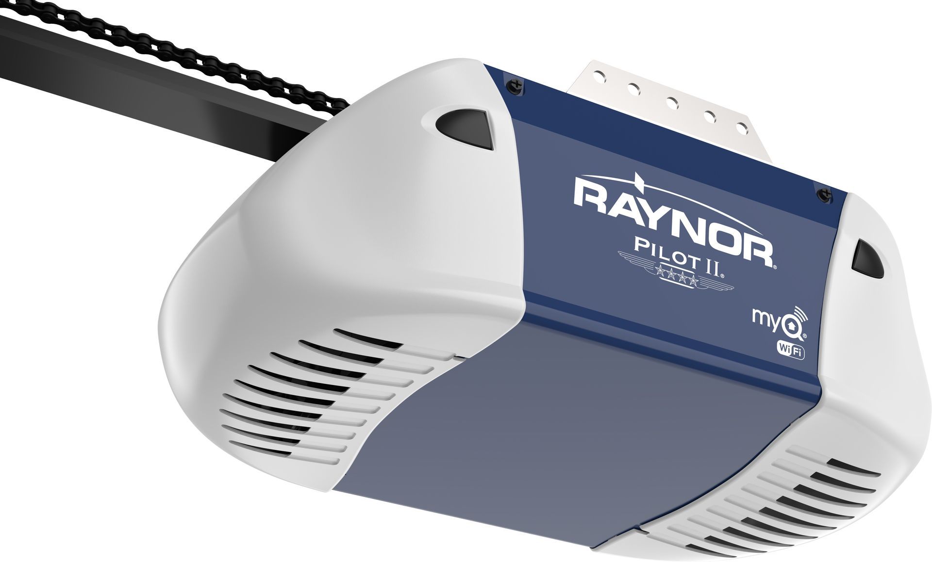 A blue and white raynor pilot ii garage door opener on a white background.