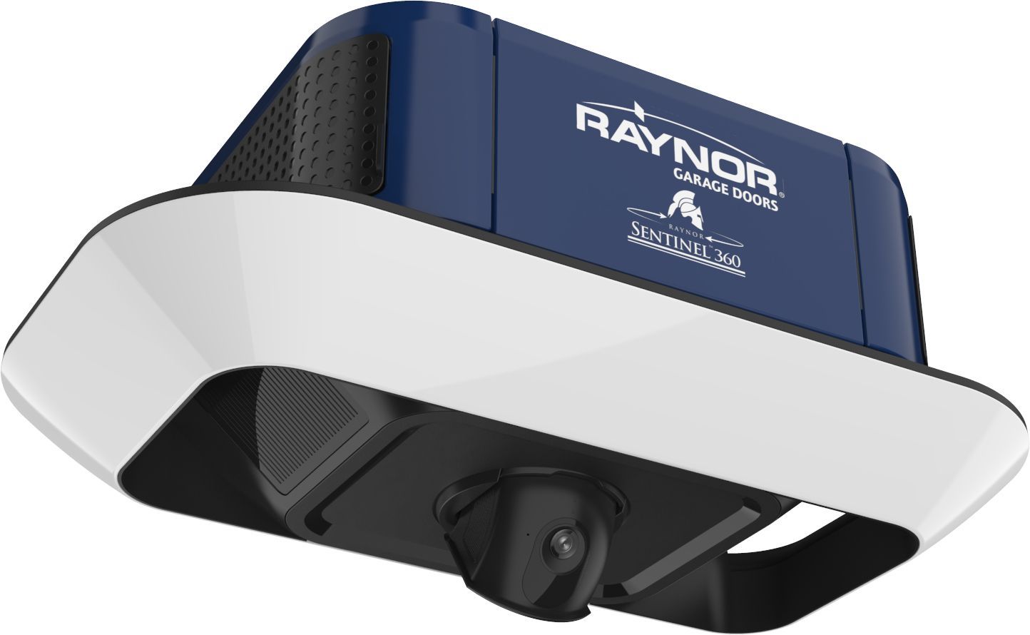 A blue and white raynor garage door opener on a white background.