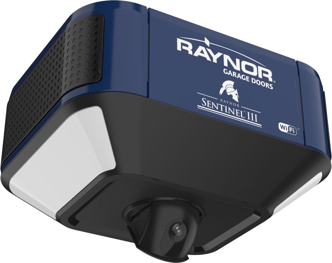 A blue and white raynor pilot ii garage door opener on a white background.