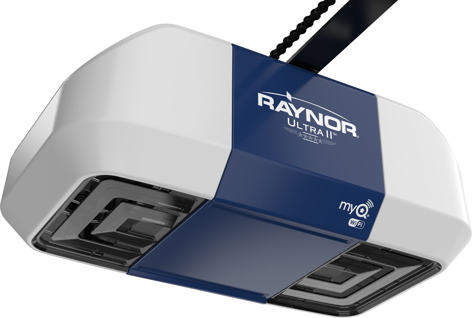 A blue and white raynor pilot ii garage door opener on a white background.