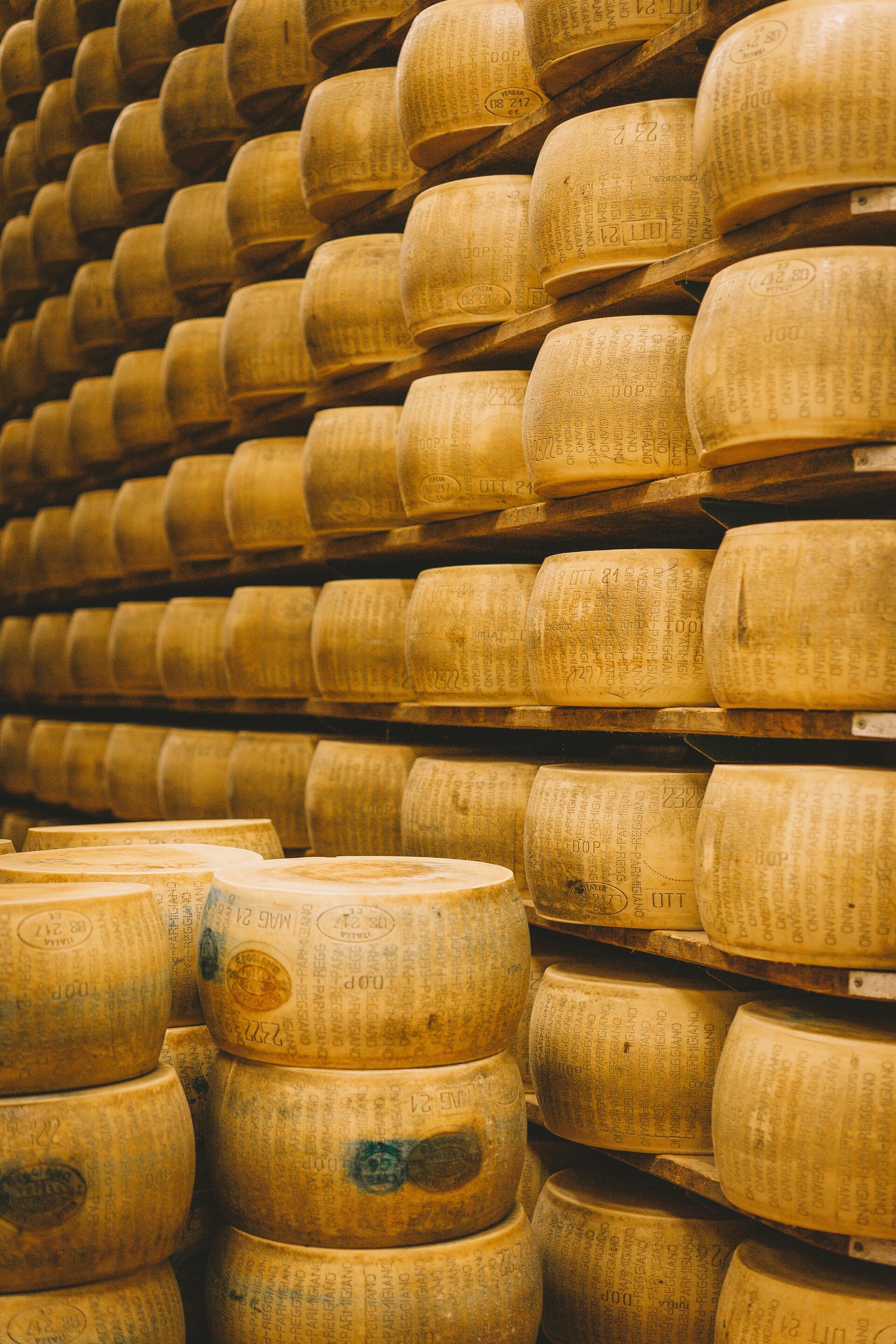 Wheels of Parmesan cheese stacked high on shelves, a large cheese storage warehouse.