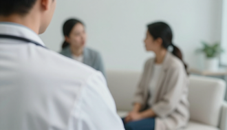 Doctor speaking with a seated patient in a bright clinic waiting room.