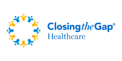 Closing the Gap Healthcare logo with blue and yellow circular figures
