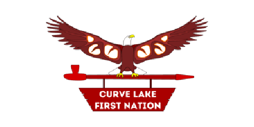Maroon eagle logo with “Curve Lake First Nation” text on a red base