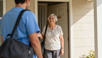 Delivery worker at a front door greeting an older woman standing in the doorway