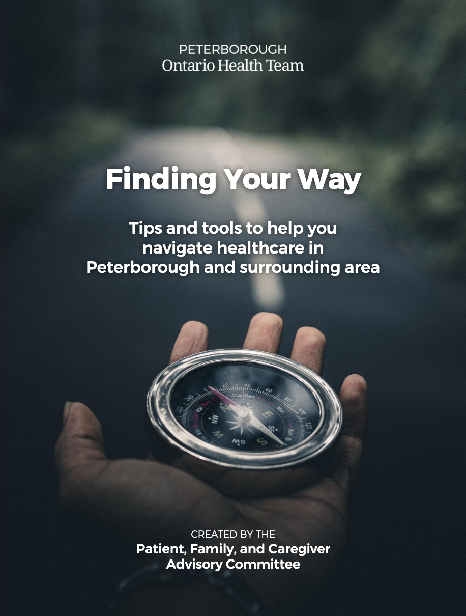 Peterborough Ontario Health Team poster: “Finding Your Way” healthcare tips with compass in hand.