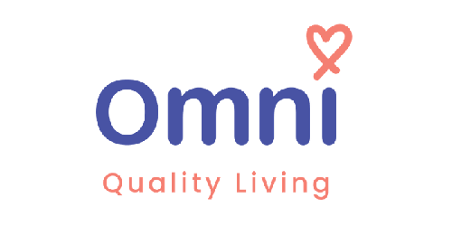 Omni logo in blue and coral with the tagline “Quality Living”