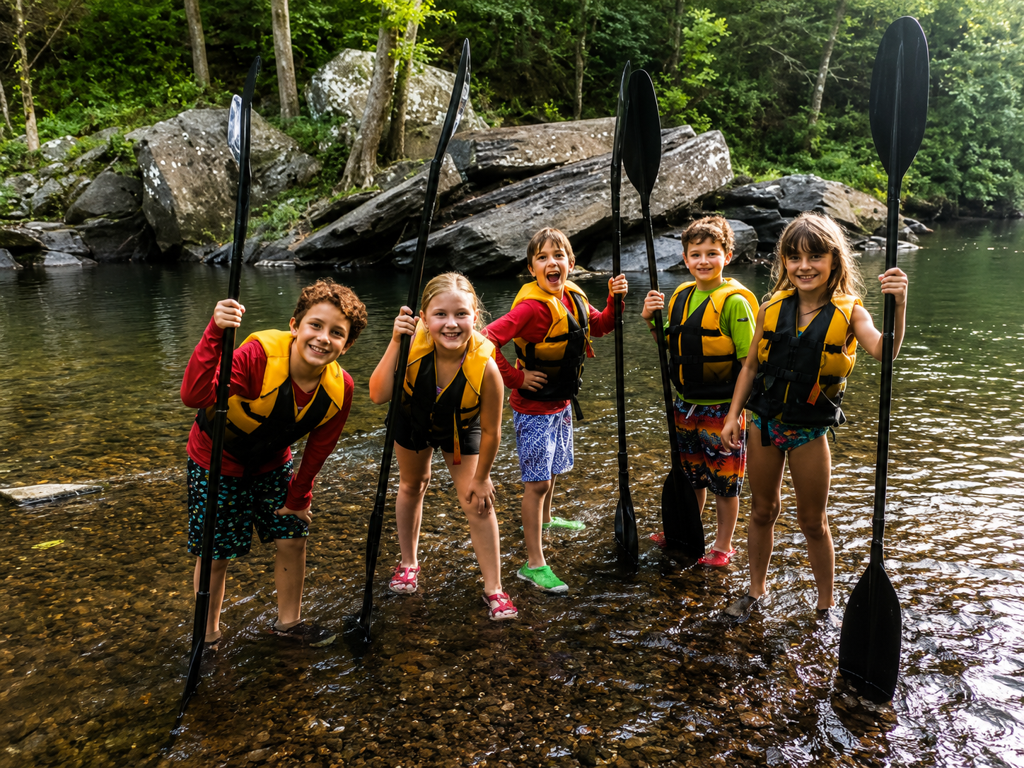 Five children in life jackets holding paddles, standing in shallow water by a rocky riverbank.