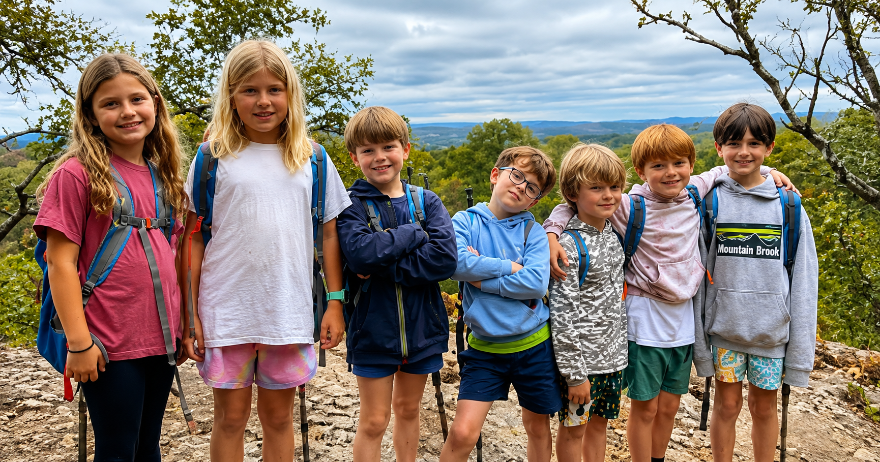 Seven children standing outdoors on a rocky overlook with trees and cloudy sky behind them