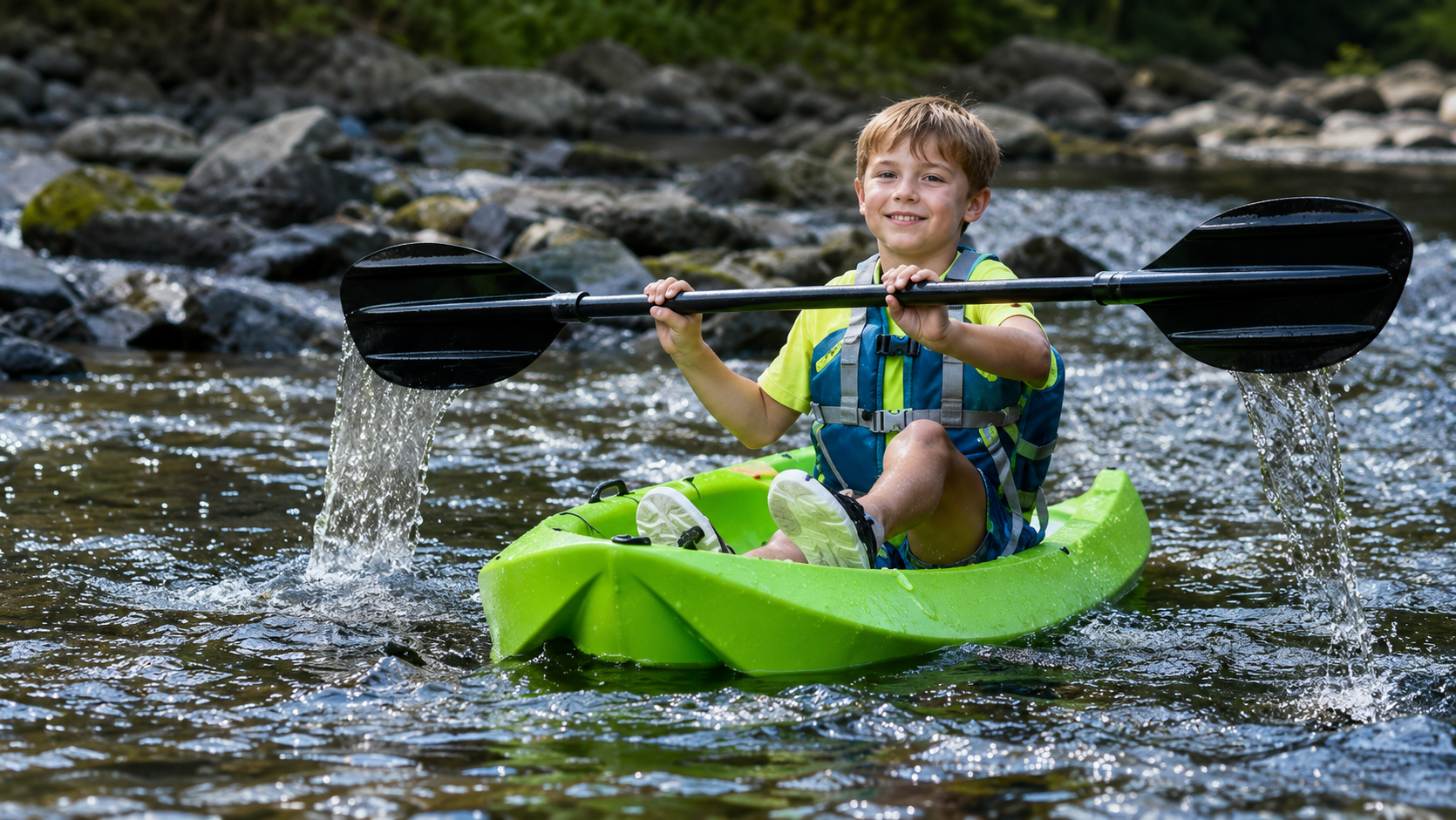 Child in a green kayak paddling on a river, with black paddles and rocky banks in the background