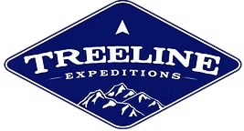 Treeline Expeditions logo in white on a blue mountain-shaped emblem