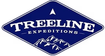 Treeline Expeditions logo in white on a blue mountain-shaped emblem