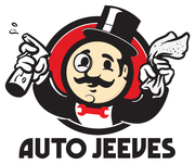 Auto Jeeves logo with a cartoon chauffeur in a top hat, holding a bottle and a cloth, black red and white