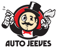 Auto Jeeves logo with a cartoon chauffeur in a top hat, holding a bottle and a cloth, black red and white