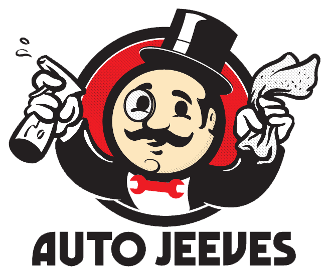 Auto Jeeves logo with a cartoon chauffeur in a top hat, holding a bottle and a cloth, black red and white