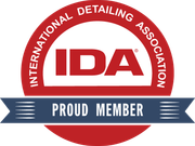 International Detailing Association proud member badge, red and blue logo badge