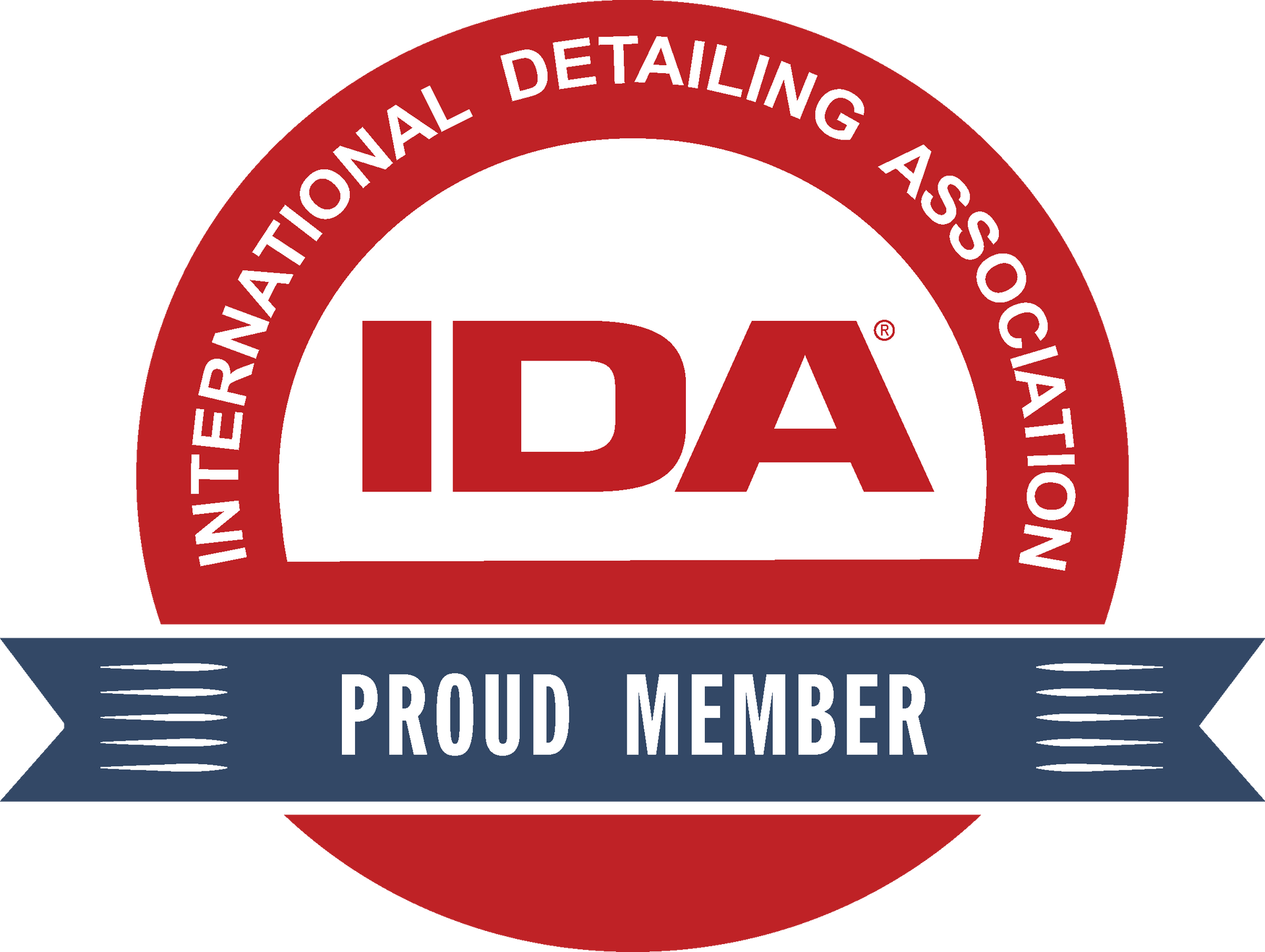 International Detailing Association proud member badge, red and blue logo badge